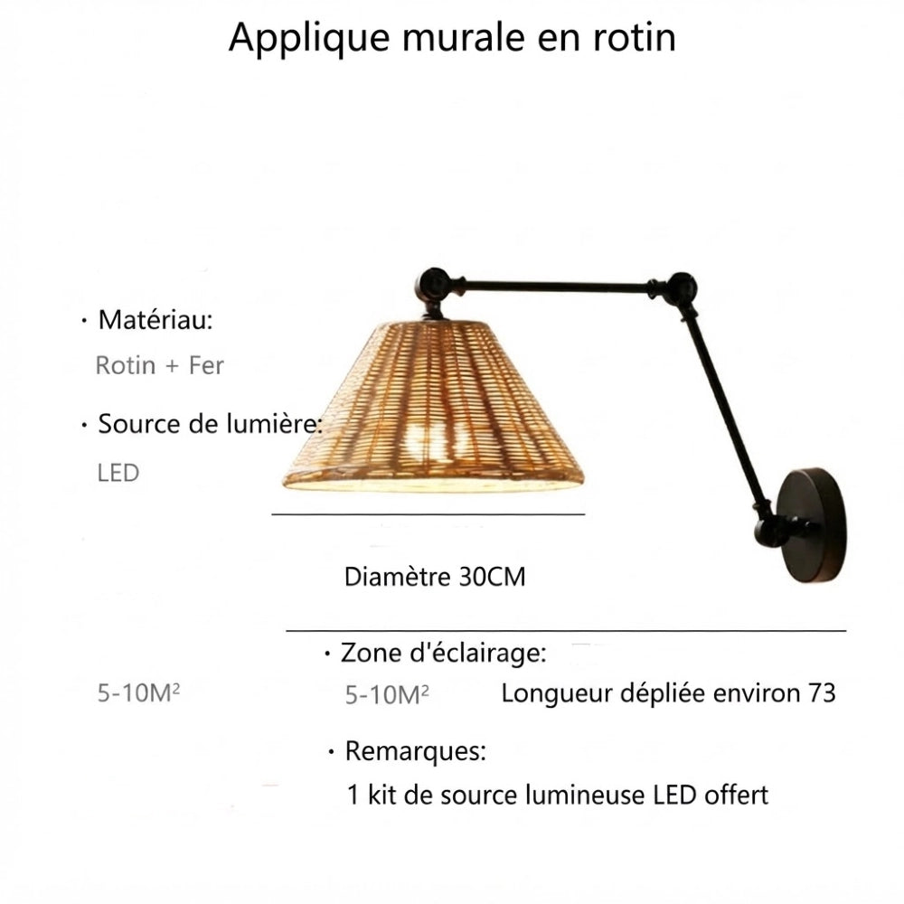 Dimensions de l'applique murale rotin, abat-jour 30 cm et bras déplié 73 cm