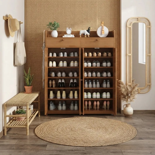 Armoire à chaussures en bambou 120 cm à tiroirs ouverte sur 8 niveaux de chaussures
