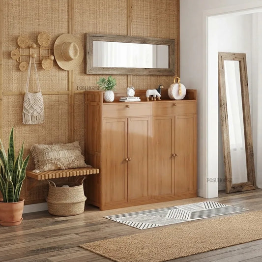 Armoire à chaussures en bambou 120 cm à 4 portes et 2 tiroirs dans une entrée