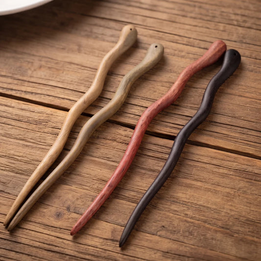 Bâton à cheveux en bois style chinois vintage, 4 coloris naturel vert rouge noir