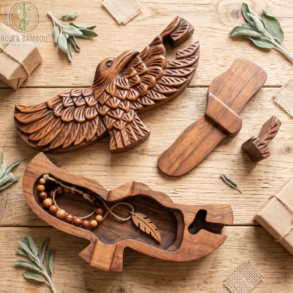 Boîte à bijoux en bois sculpté motif aigle ailes déployées, posée sur bois avec feuilles de sauge
