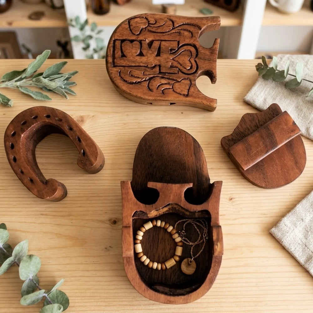 Boîte à bijoux en bois sculpté cadenas d'amour, ouverte avec bracelet et collier à l'intérieur