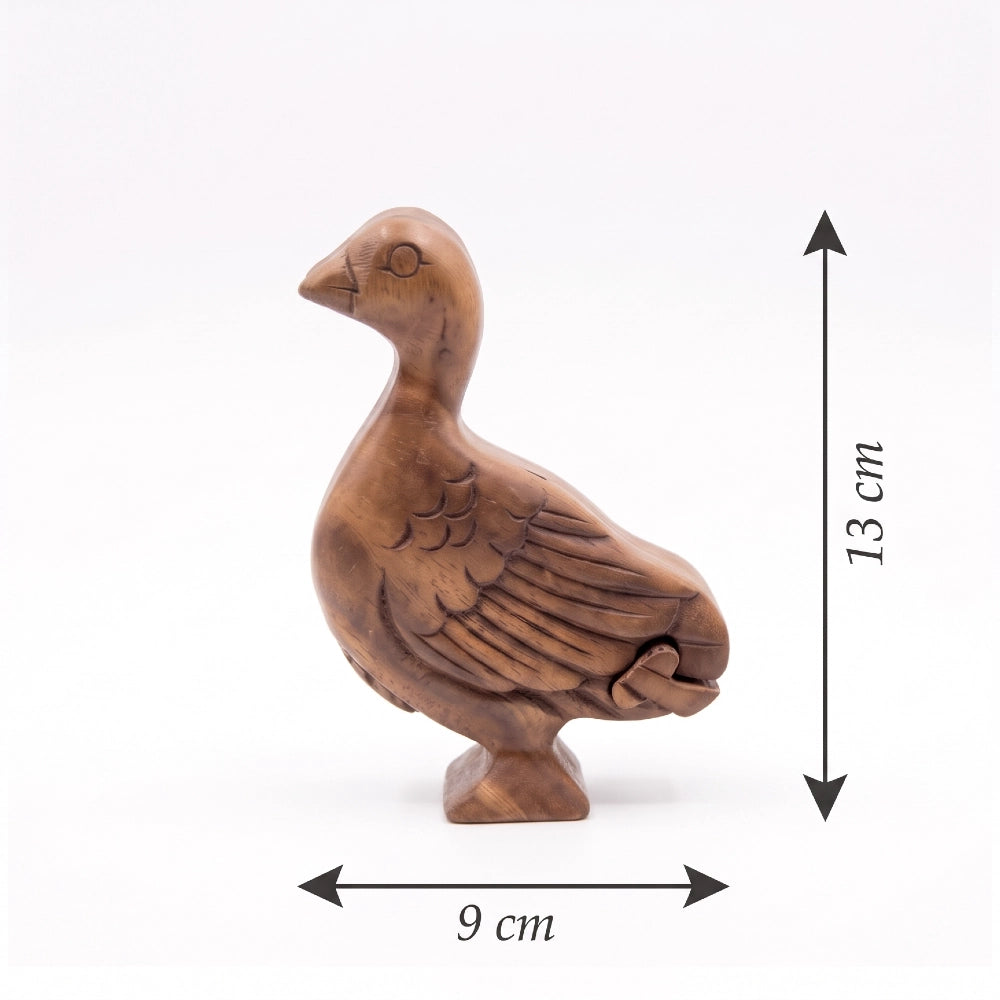 Boîte à bijoux canard en bois sculpté, vue de profil avec dimensions 13 par 9 cm
