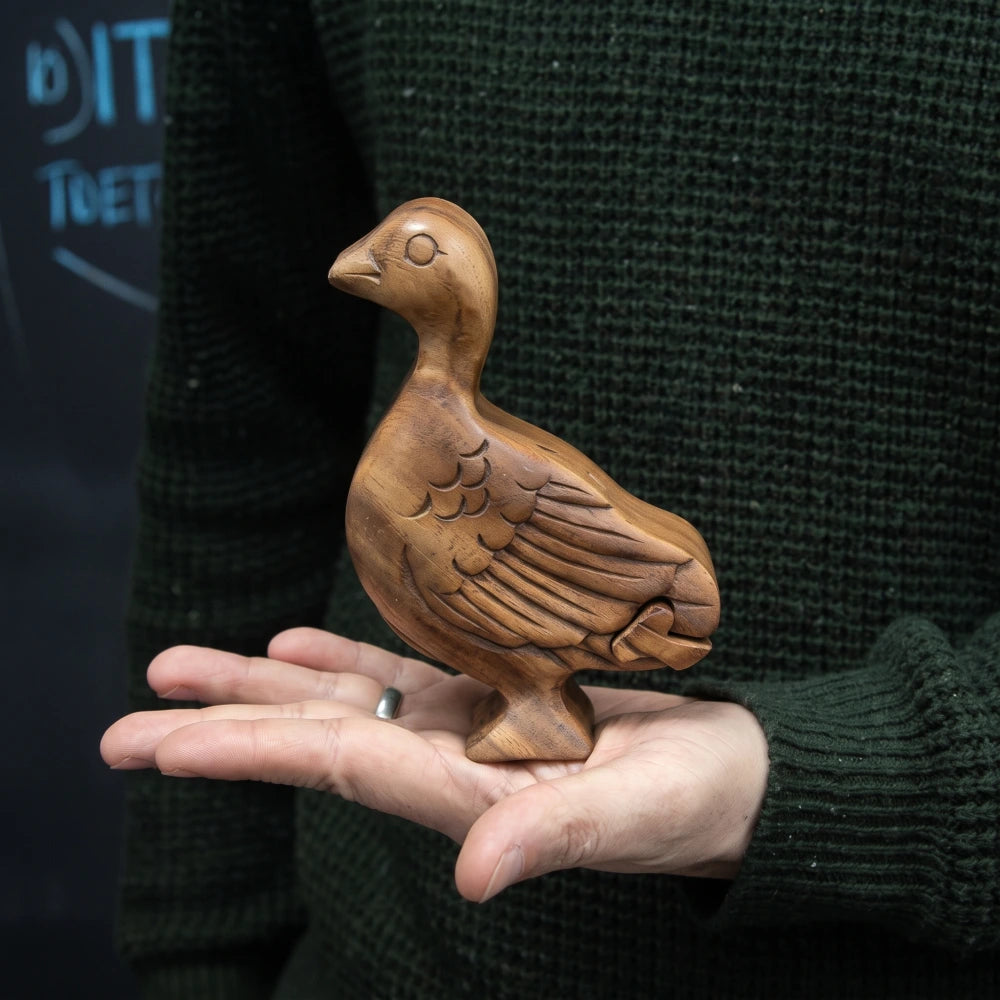 Boîte à bijoux canard en bois sculpté tenue dans une main, format compact