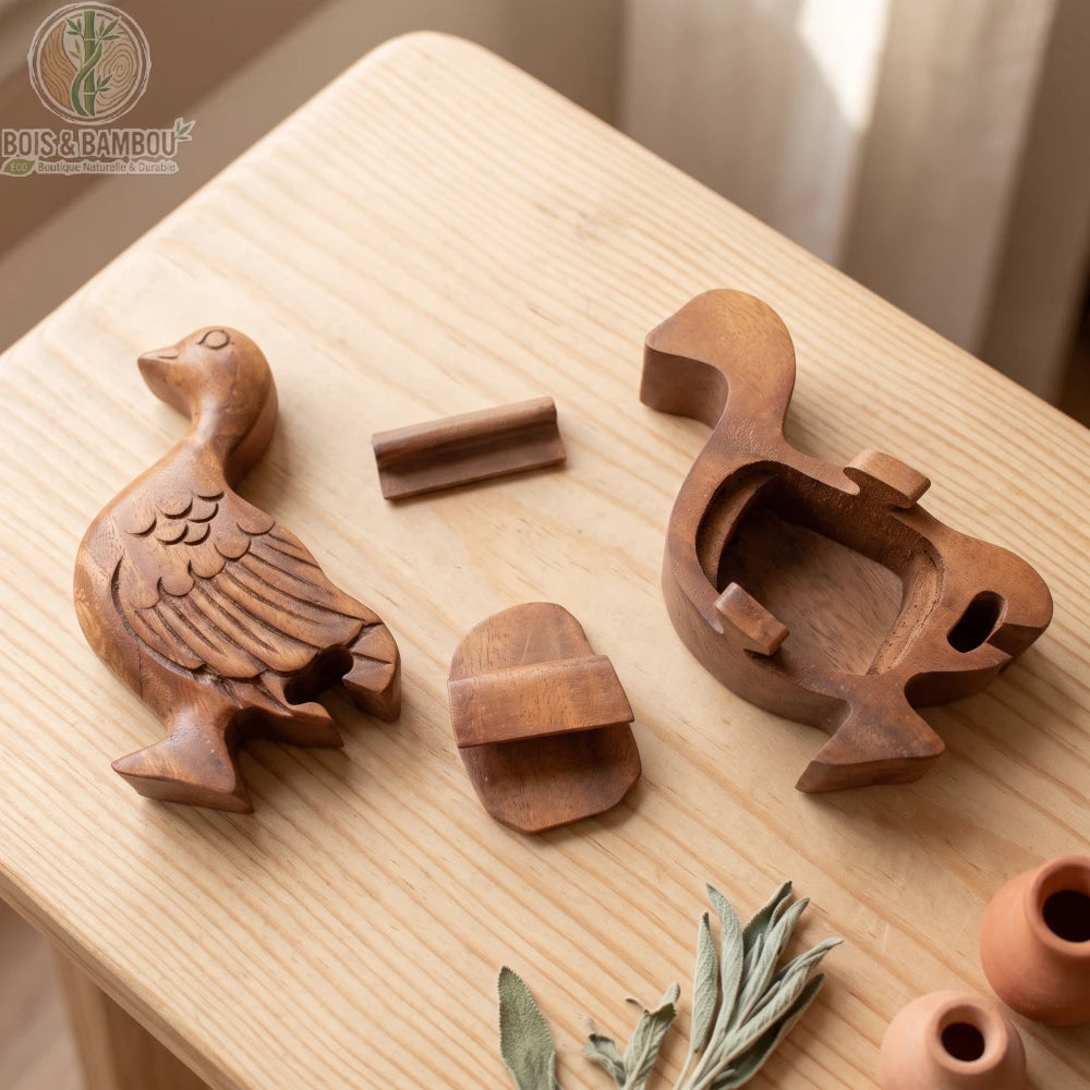 Boîte à bijoux en bois sculpté en forme de canard, pièces détachées sur un tabouret en bois à Bali