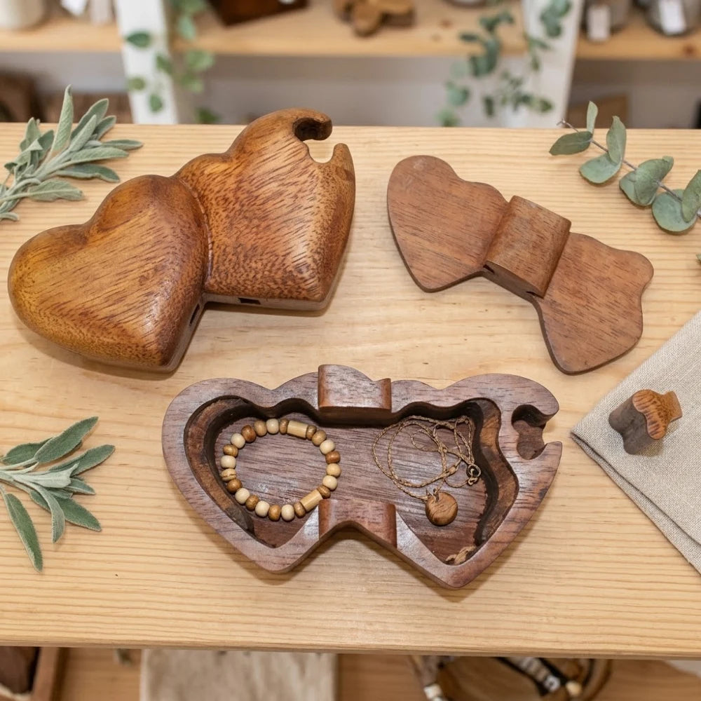 Boîte à bijoux en bois sculpté cœurs jumeaux, ouverte avec bracelet et collier en perles de bois à l'intérieur