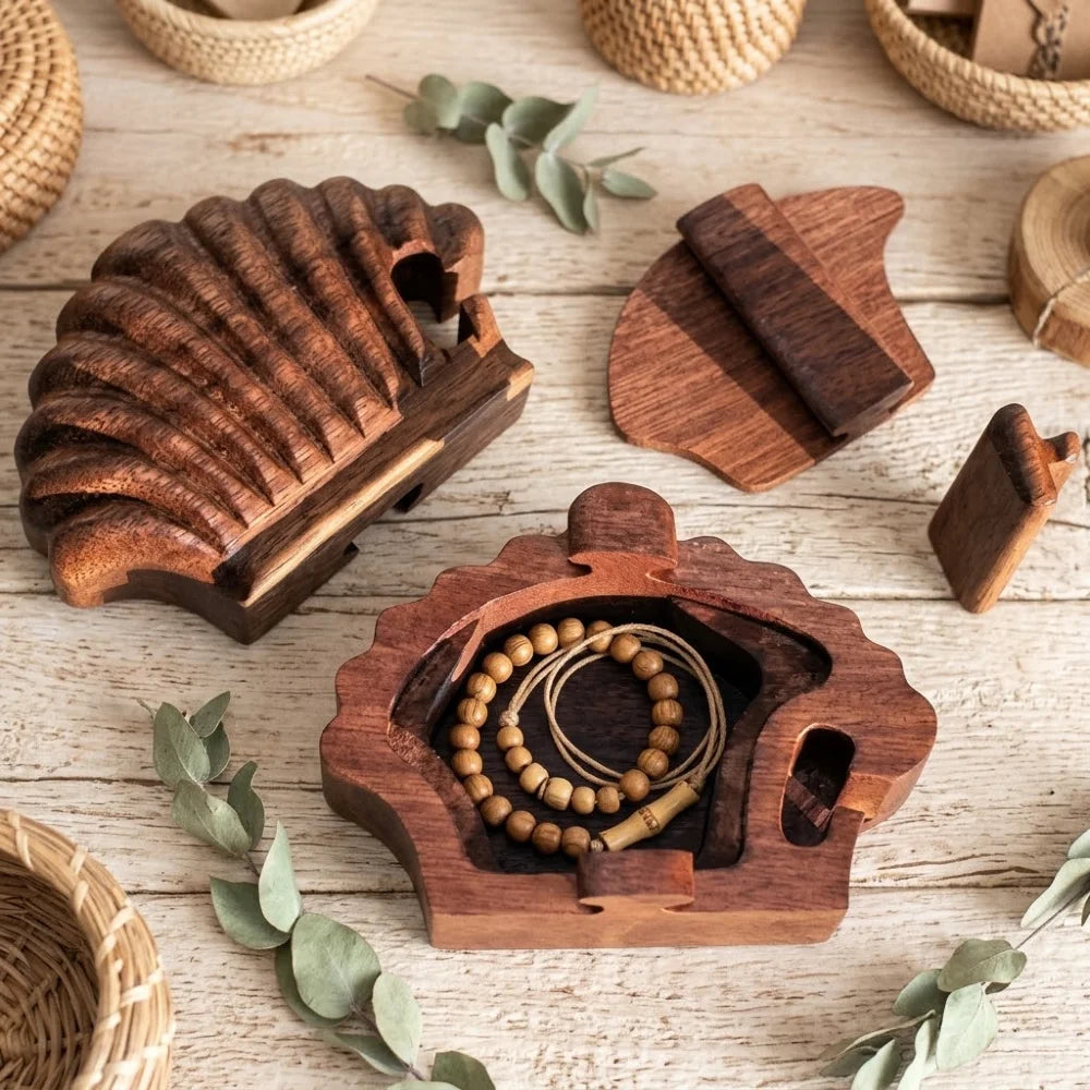 Boîte à bijoux en bois sculpté coquillage, ouverte avec bracelets en perles de bois à l'intérieur