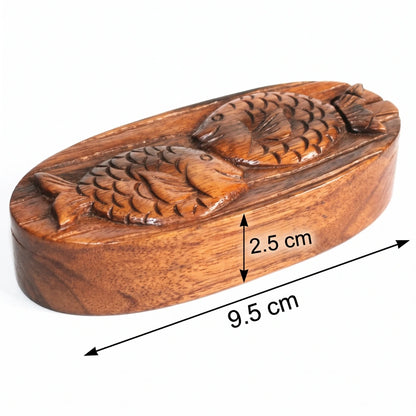 Boîte à bijoux en bois sculpté duo de poissons, dimensions 9,5 par 2,5 cm