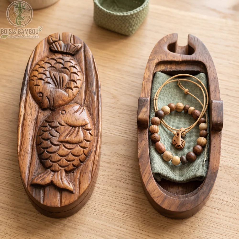 Boîte à bijoux en bois sculpté motif duo de poissons, fermée et ouverte avec un bracelet en perles de bois à l'intérieur