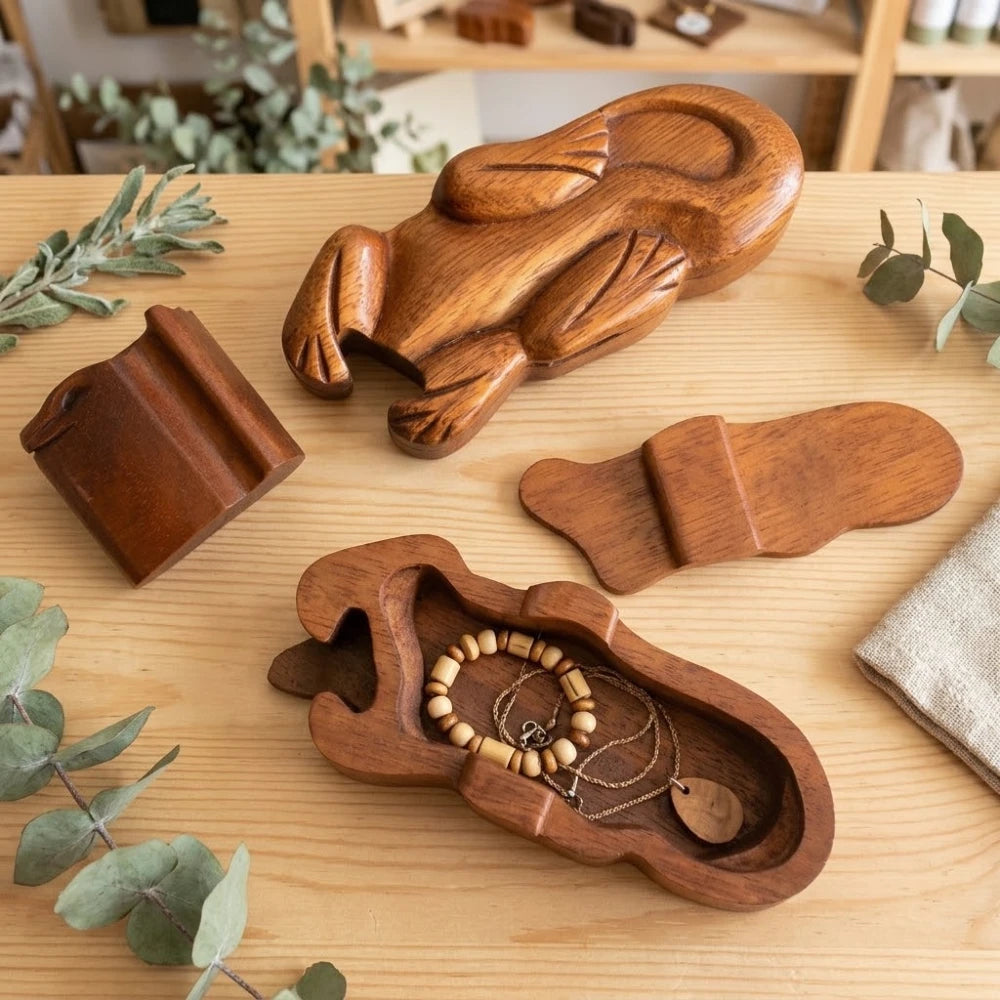 Boîte à bijoux en bois sculpté gecko, ouverte avec bracelet et collier à l'intérieur