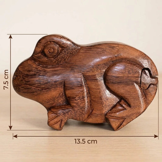 Boîte à bijoux en bois sculpté grenouille, dimensions 13 par 7,5 par 5,5 cm