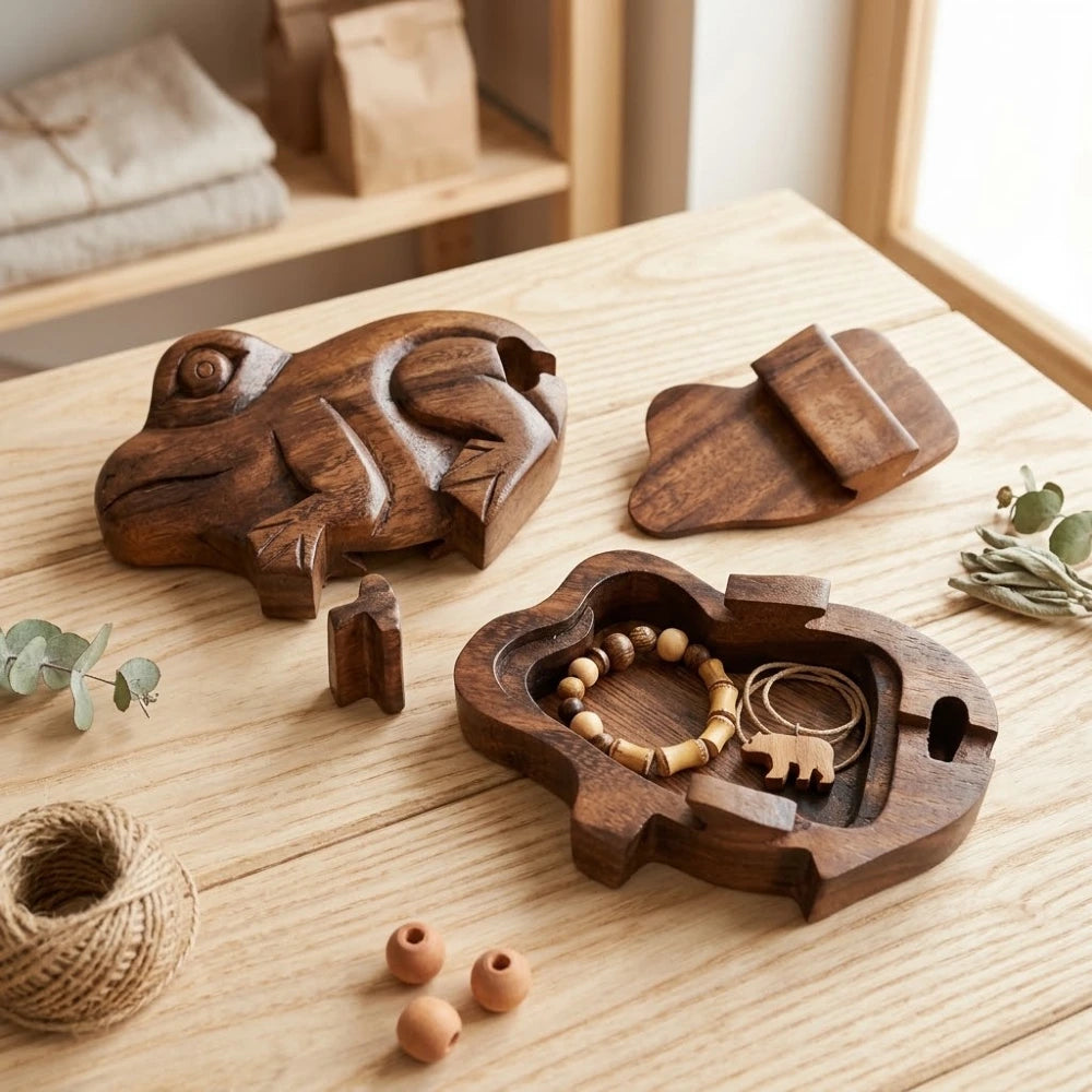 Boîte à bijoux en bois sculpté grenouille, ouverte avec bracelet en perles de bois à l'intérieur