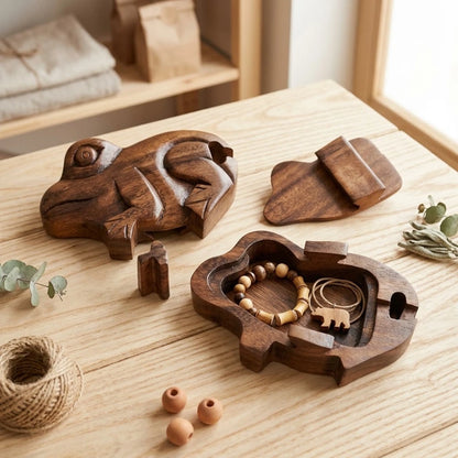 Boîte à bijoux en bois sculpté grenouille, ouverte avec bracelet en perles de bois à l'intérieur