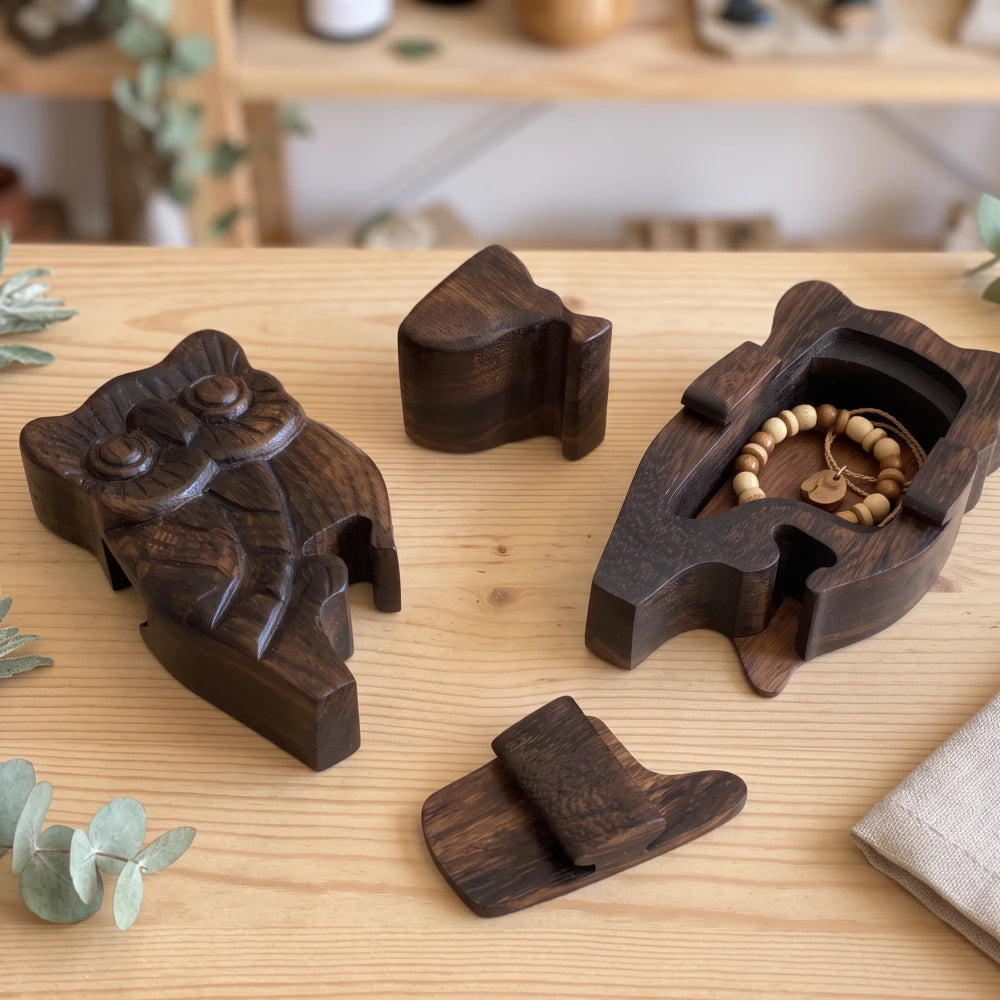 Boîte à bijoux en bois sculpté hibou, ouverte avec bracelet en perles de bois à l'intérieur
