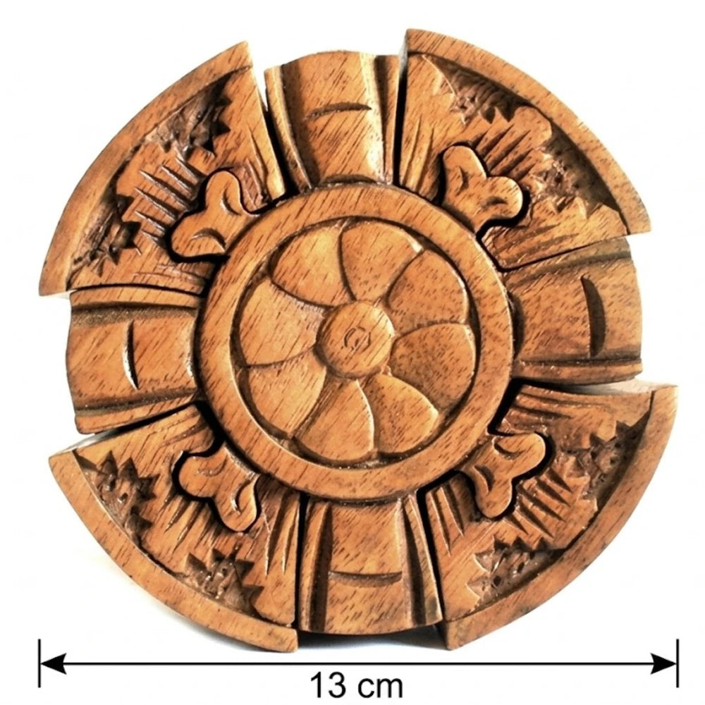 Boîte à bijoux puzzle en bois sculpté pétale rond, dimensions 13 par 11,5 par 5,5 cm