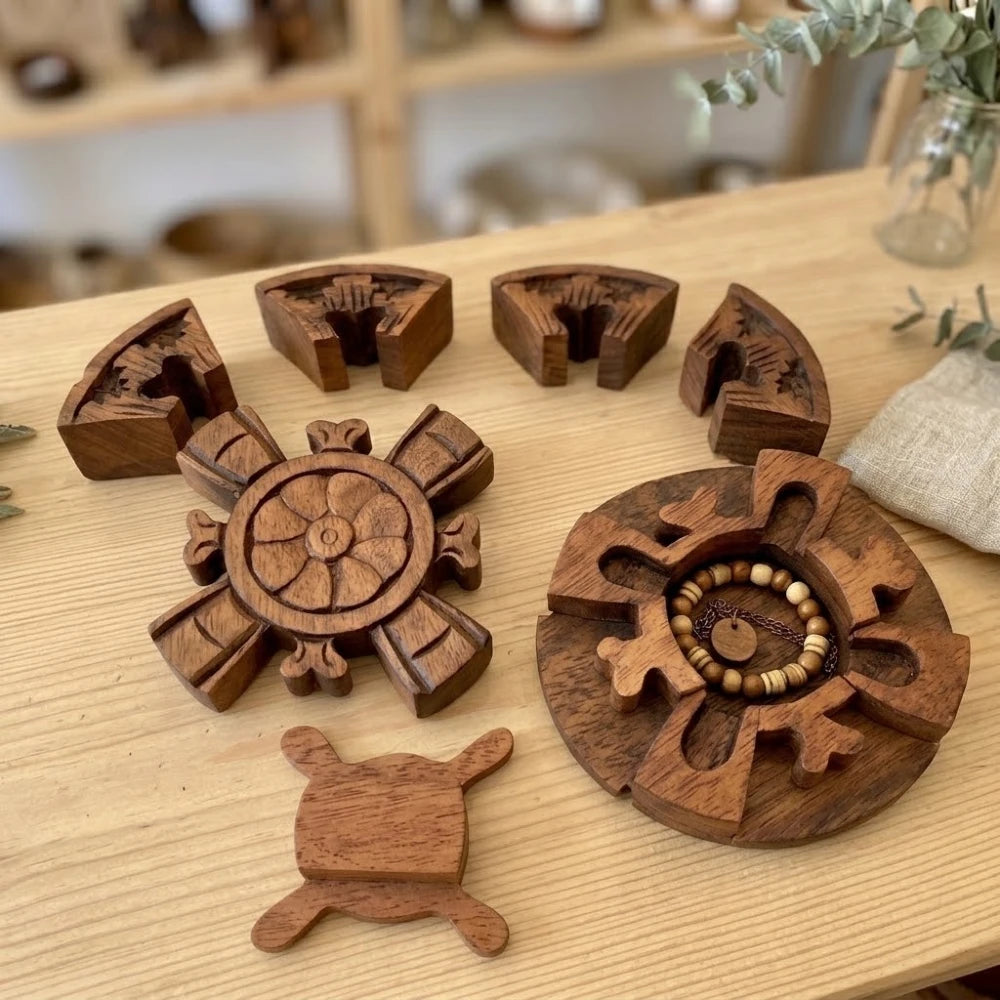 Boîte à bijoux puzzle en bois sculpté pétale rond, pièces démontées et boîte ouverte avec bijoux à l'intérieur