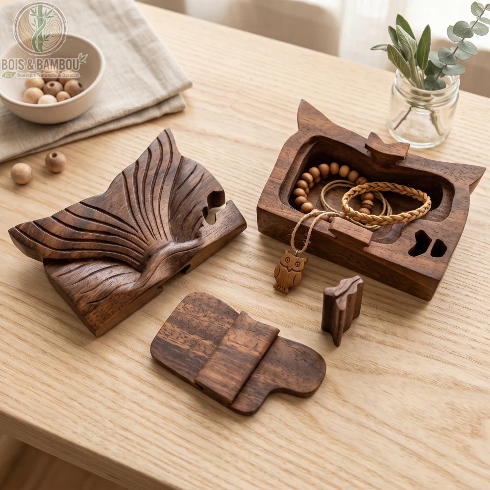 Boîte à bijoux en bois sculpté queue de baleine, fermée et ouverte, avec bracelets et pendentif hibou à l'intérieur