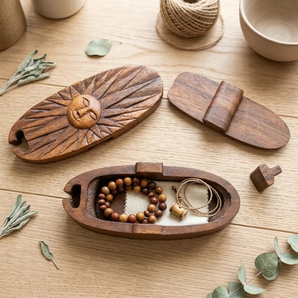 Boîte à bijoux en bois sculpté motif soleil, ouverte avec bracelets en perles de bois à l'intérieur
