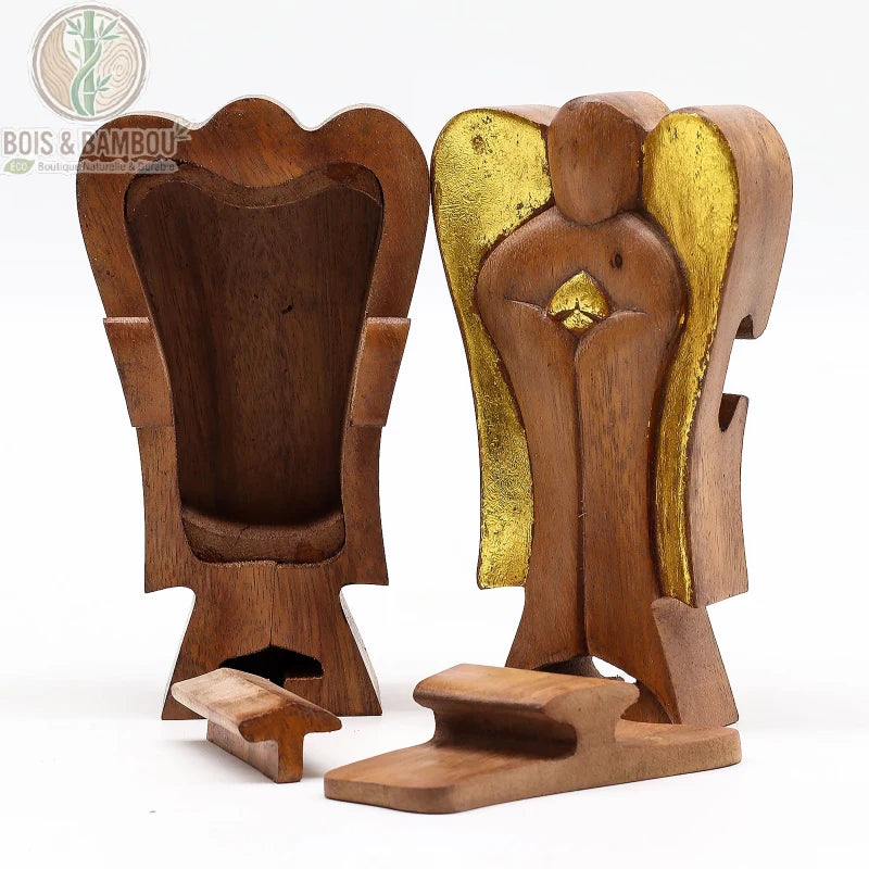 Boîte ange Hati-Hati en bois de Suar, thème joie, ouverte en deux révélant le compartiment caché