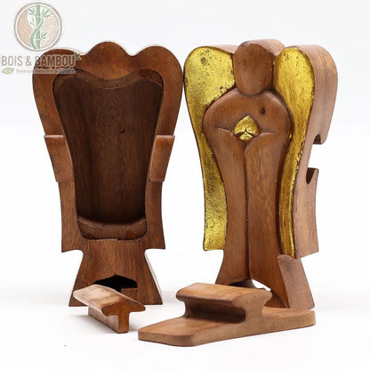 Boîte ange Hati-Hati en bois de Suar, thème joie, ouverte en deux révélant le compartiment caché