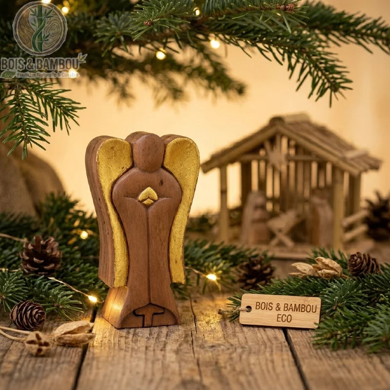 Boîte ange Hati-Hati en bois de Suar, thème joie, décoration de Noël sur bois rustique