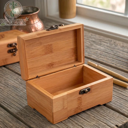 Organisateur de bureau en bambou taille S ouvert, fermeture metallique argentee, fond bois grise, Bois et Bambou Eco