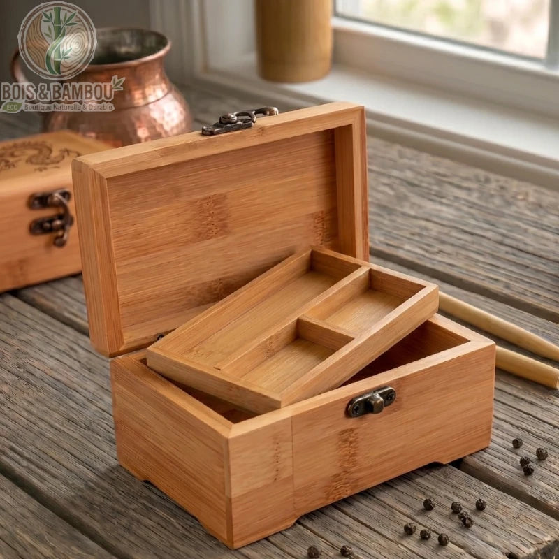 Organisateur de bureau en bambou ouvert, plateau amovible compartiments interieurs, grains fond bois, Bois et Bambou Eco