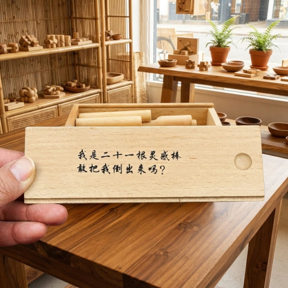 Boîte casse-tête en bois à 21 bâtonnets avec couvercle coulissant gravé
