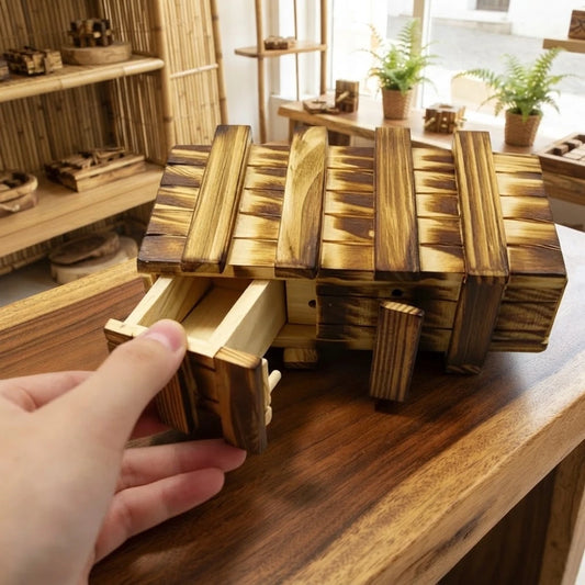 Boîte mystère en bois à tiroir secret ouvert, lattes coulissantes en bois teinté