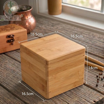 Boite de rangement bambou grand modele 16,5x16,5x14cm dimensions annotees en situation, Bois et Bambou Eco.