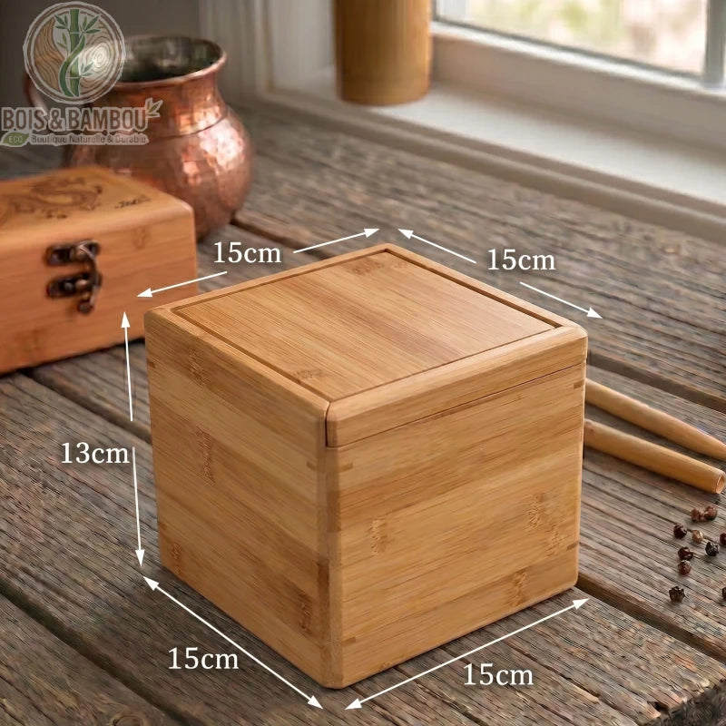 Boite de rangement bambou modele moyen 15x15x13cm dimensions annotees en situation bois, Bois et Bambou Eco