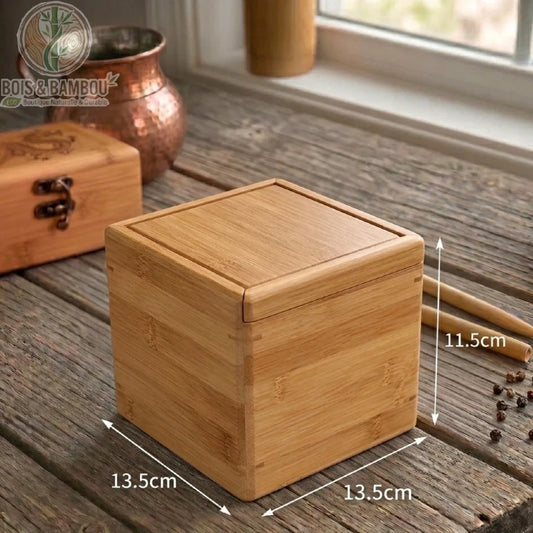 Boite de rangement bambou modele standard 13,5x13,5x11cm dimensions annotees en situation, Bois et Bambou Eco.