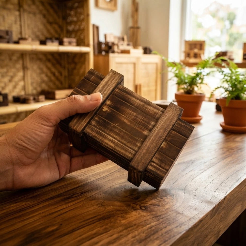 Boîte secrète en bois à tiroir caché tenue en main sur une table en bois, casse-tête cadeau