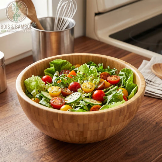 Bol bambou naturel multi-usage en situation avec salade fraiche colore, Bois et Bambou Eco