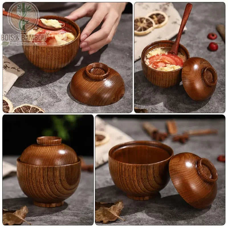 Bol bois couvercle multi-usages, soupe riz cereales et fruits sur table rustique, Bois et Bambou Eco