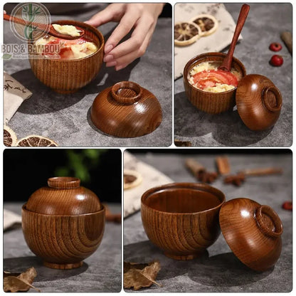 Bol bois couvercle multi-usages, soupe riz cereales et fruits sur table rustique, Bois et Bambou Eco