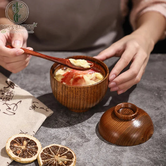 Bol bois couvercle en situation, soupe miso fumante avec cuillere en bois, Bois et Bambou Eco
