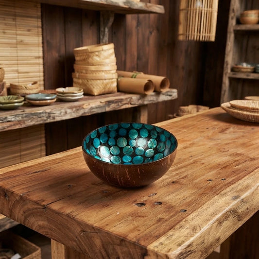 Bol en noix de coco à pastilles de coquillage bleu turquoise sur fond noir, posé sur une table en bois brut