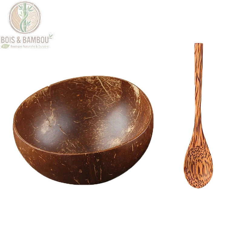Bol noix de coco avec cuillere bois assortie, duo zero dechet, Bois et Bambou Eco