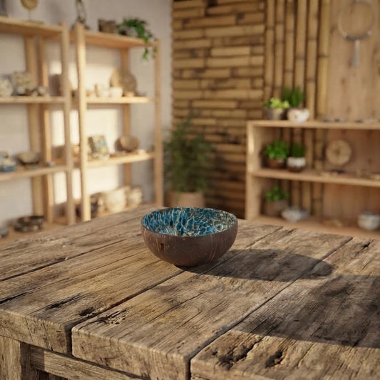Bol en noix de coco décoratif à mosaïque bleue, posé sur une table en bois brut dans une boutique en bambou