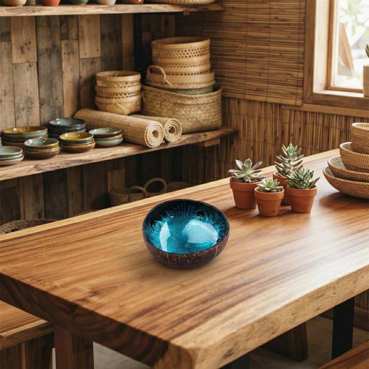 Bol en noix de coco à l'intérieur peint bleu turquoise, posé sur une table en bois à côté de plantes grasses