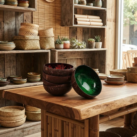 Bols en noix de coco peints empilés, intérieurs rouge orangé et vert, sur une table en bois dans une boutique en bambou