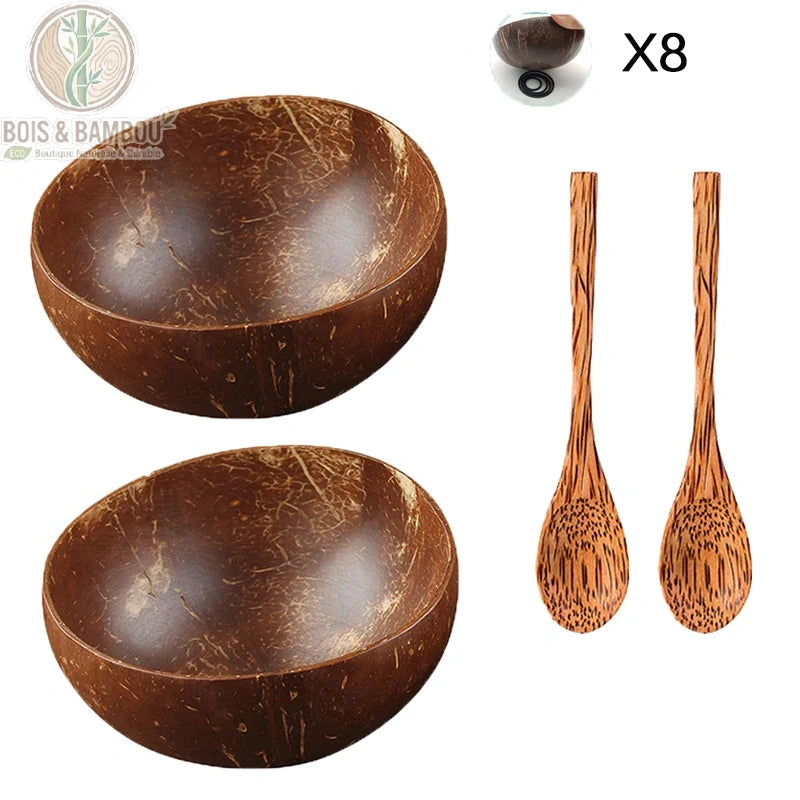 Bol noix de coco, set 2 bols et 2 cuilleres bois ecologiques, Bois et Bambou Eco