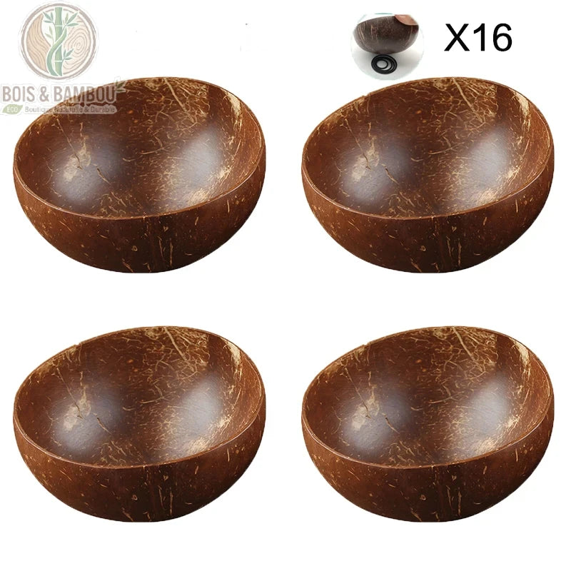 Bol noix de coco, set de 4 coupelles artisanales en coque recyclee, Bois et Bambou Eco