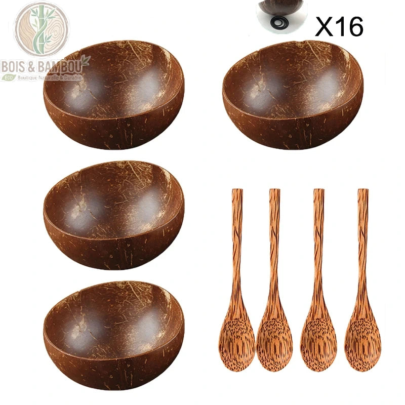  Bol noix de coco, set 4 bols et 4 cuilleres bois pour repas convivial, Bois et Bambou Eco
