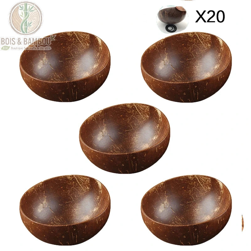 Bol noix de coco, set de 5 coupelles naturelles fait main, Bois et Bambou Eco