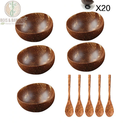 Bol noix de coco, set 5 bols et 5 cuilleres bois assorties zero dechet, Bois et Bambou Eco
