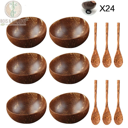 Bol noix de coco, set 6 bols et 6 cuilleres bois vaisselle artisanale, Bois et Bambou Eco