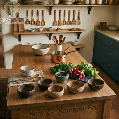 Bol noix de coco set complet avec cuilleres bois et ingredients naturels, Bois et Bambou Eco