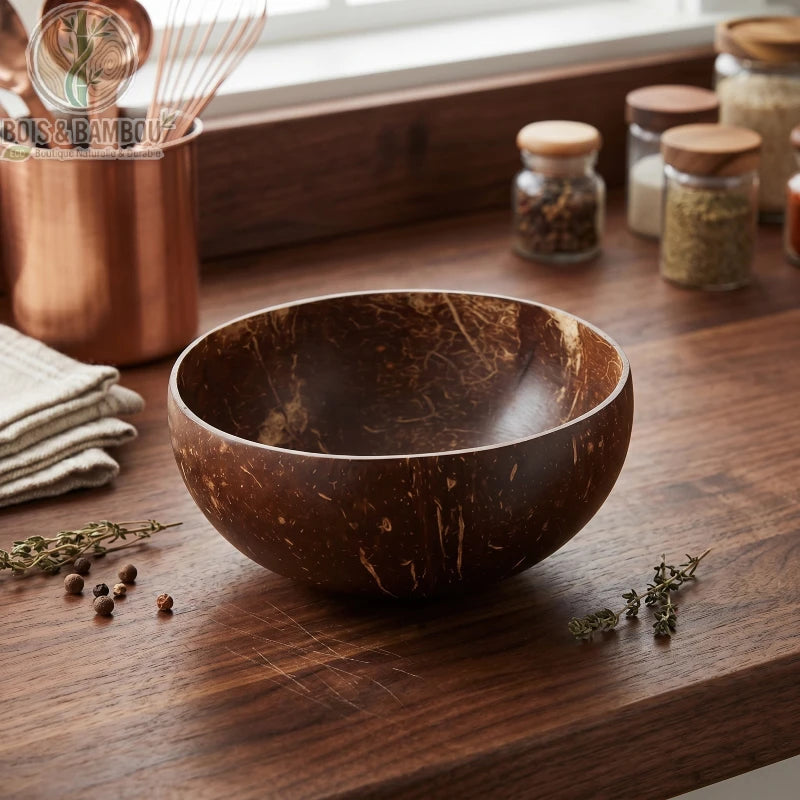 Bol noix de coco naturel, coupelle artisanale fait main sur table en bois rustique, Bois et Bambou Eco
